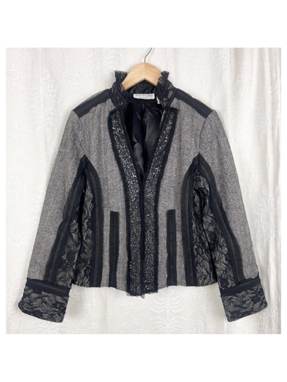 Vintage wool tweed & lace mixed media jacket shimmer panels boho evening Y2K M